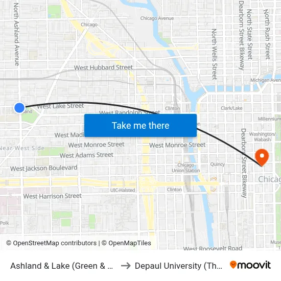 Ashland & Lake (Green & Pink Lines) (South) to Depaul University (The Loop Campus) map