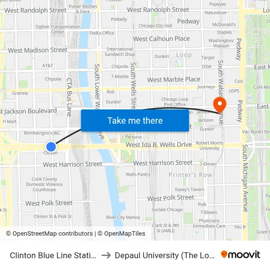 Clinton Blue Line Station (South) to Depaul University (The Loop Campus) map