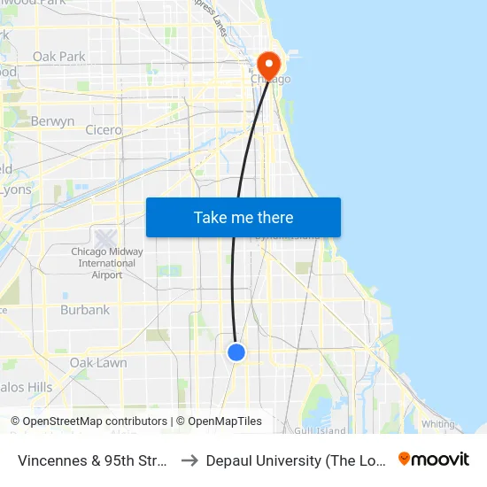 Vincennes & 95th Street (South) to Depaul University (The Loop Campus) map