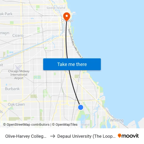 Olive-Harvey College (West) to Depaul University (The Loop Campus) map