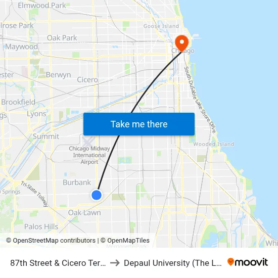 87th Street & Cicero Terminal (West) to Depaul University (The Loop Campus) map