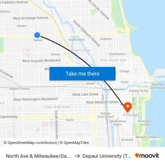 North Ave & Milwaukee/Damen (Blue Line) (West) to Depaul University (The Loop Campus) map