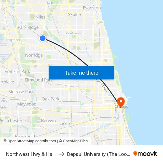 Northwest Hwy & Harlem (Se) to Depaul University (The Loop Campus) map