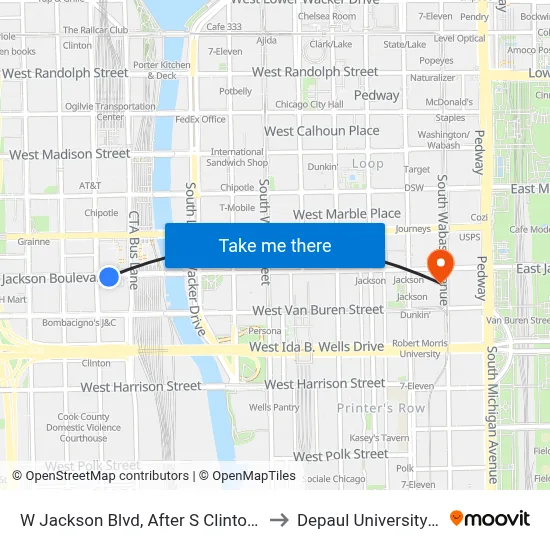 W Jackson Blvd, After S Clinton St (Across From Union Station) to Depaul University (The Loop Campus) map