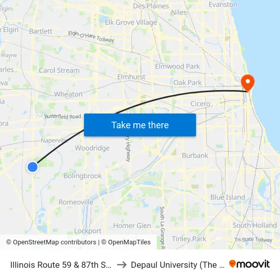 Illinois Route 59 & 87th St/White Eagle Dr to Depaul University (The Loop Campus) map