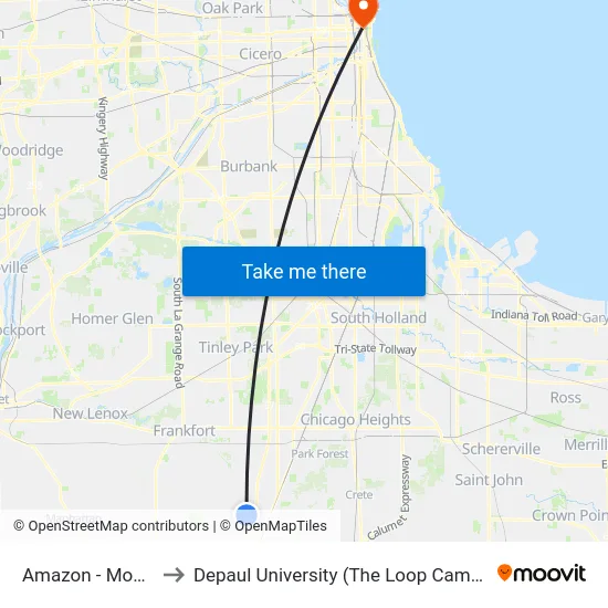 Amazon - Monee to Depaul University (The Loop Campus) map