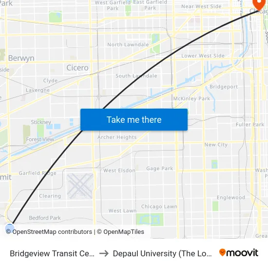 Bridgeview Transit Center Bay 1 to Depaul University (The Loop Campus) map