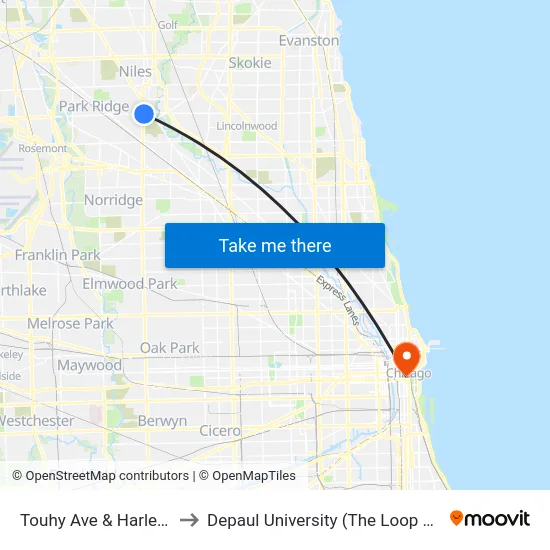 Touhy Ave & Harlem Ave to Depaul University (The Loop Campus) map