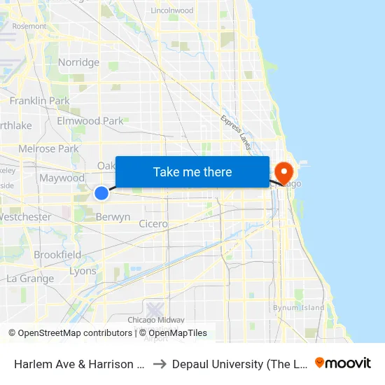 Harlem Ave & Harrison St/Garfield St to Depaul University (The Loop Campus) map