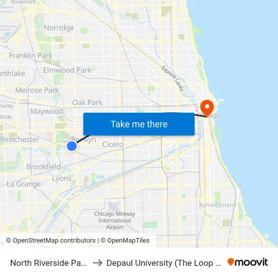 North Riverside Park Mall to Depaul University (The Loop Campus) map
