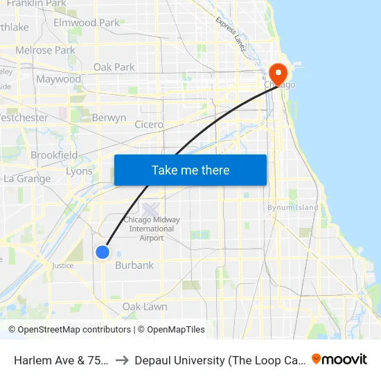 Harlem Ave & 75th St to Depaul University (The Loop Campus) map