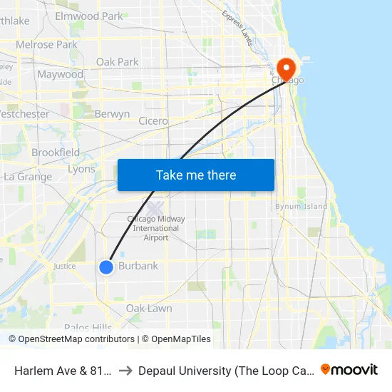 Harlem Ave & 81st St to Depaul University (The Loop Campus) map
