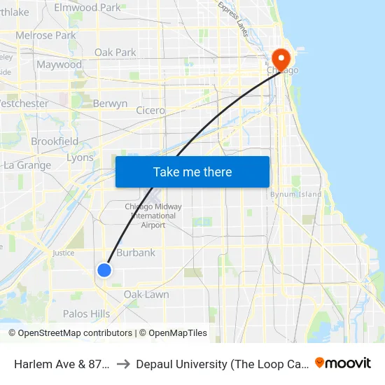 Harlem Ave & 87th St to Depaul University (The Loop Campus) map