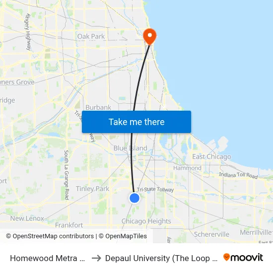Homewood Metra Station to Depaul University (The Loop Campus) map