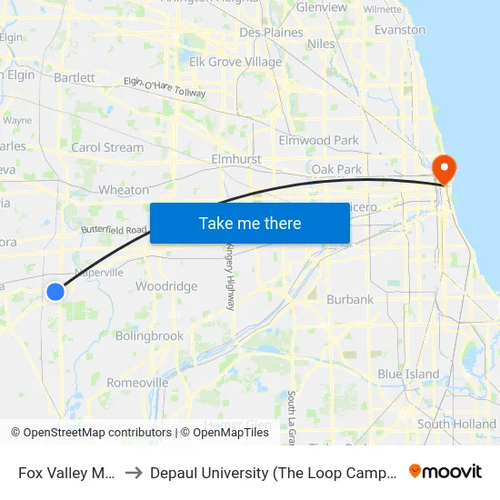 Fox Valley Mall to Depaul University (The Loop Campus) map