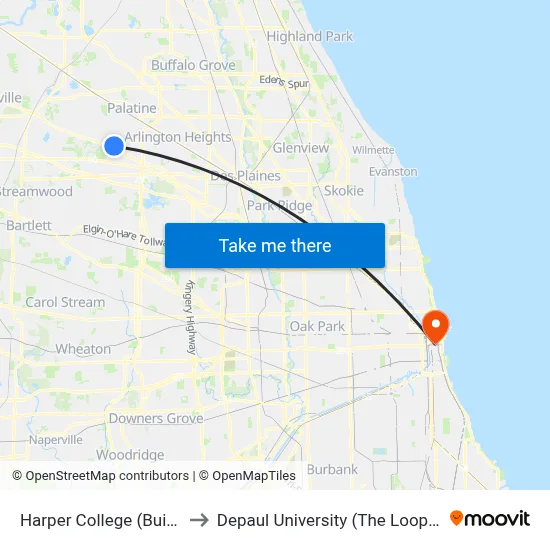 Harper College (Building A) to Depaul University (The Loop Campus) map