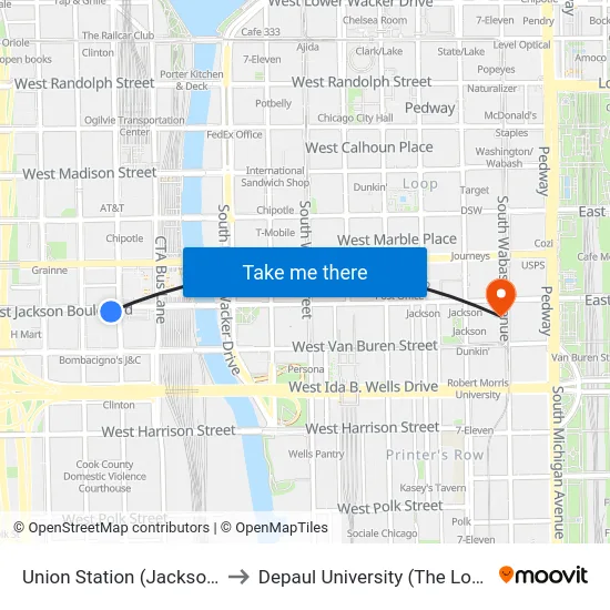 Union Station (Jackson/Clinton) to Depaul University (The Loop Campus) map