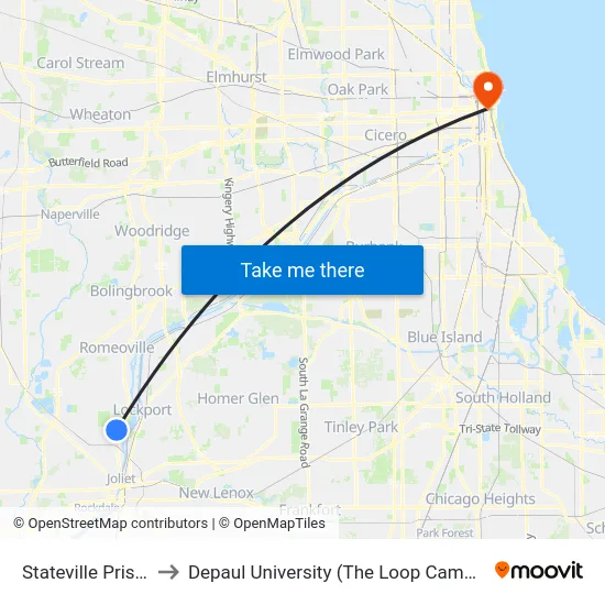 Stateville Prison to Depaul University (The Loop Campus) map