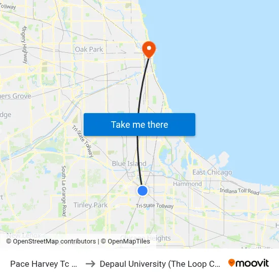 Pace Harvey Tc Bay A to Depaul University (The Loop Campus) map