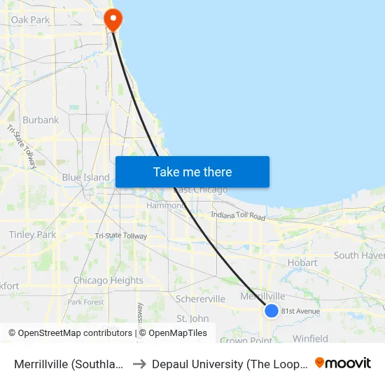 Merrillville (Southlake Mall) to Depaul University (The Loop Campus) map