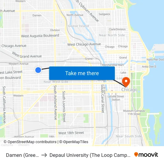 Damen (Green) to Depaul University (The Loop Campus) map