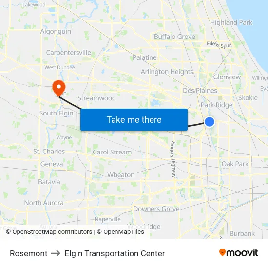 Rosemont to Elgin Transportation Center map
