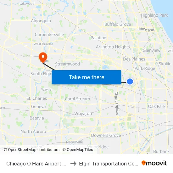 Chicago O Hare Airport ORD to Elgin Transportation Center map