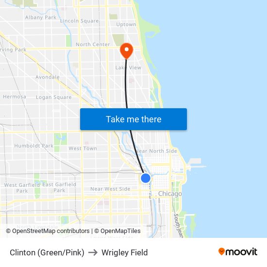 Clinton (Green/Pink) to Wrigley Field map