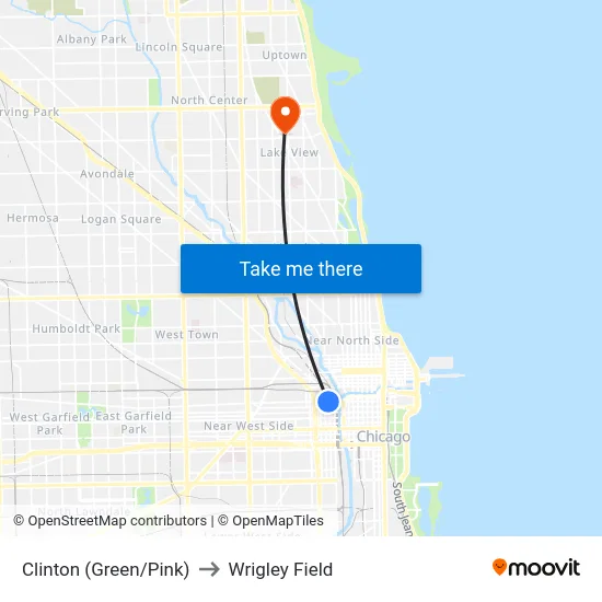 Clinton (Green/Pink) to Wrigley Field map