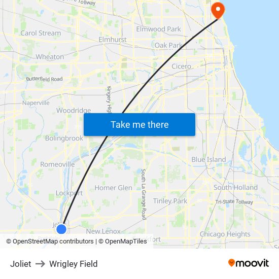 Joliet to Wrigley Field map