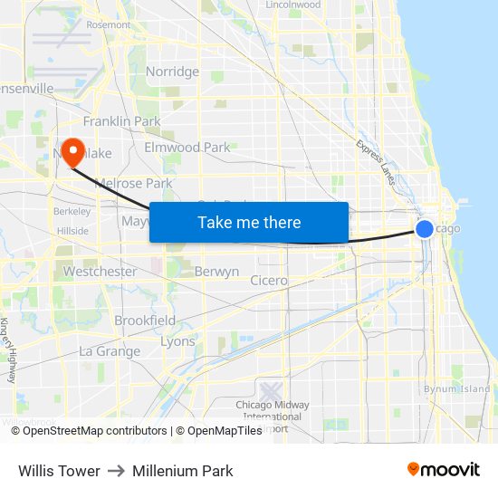 Willis Tower to Millenium Park map