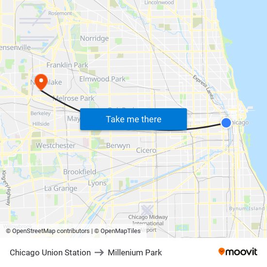 Chicago Union Station to Millenium Park map