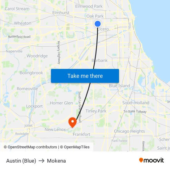 Austin (Blue) to Mokena map