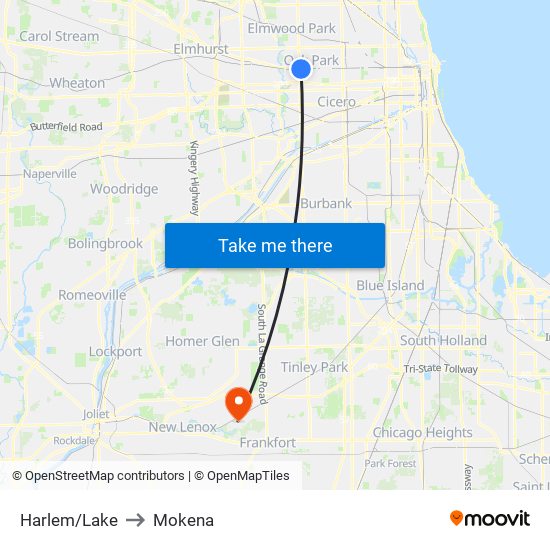 Harlem/Lake to Mokena map