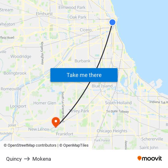 Quincy to Mokena map