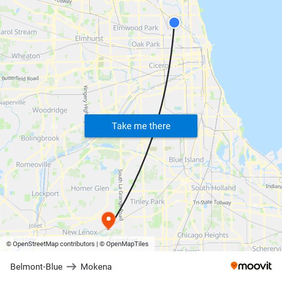 Belmont-Blue to Mokena map