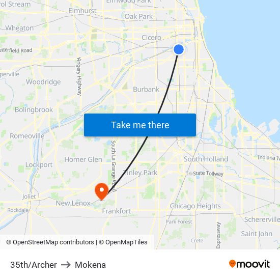 35th/Archer to Mokena map