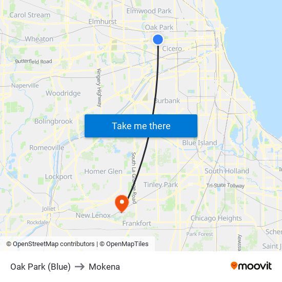 Oak Park (Blue) to Mokena map