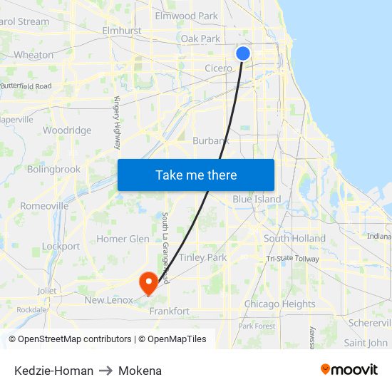 Kedzie-Homan to Mokena map