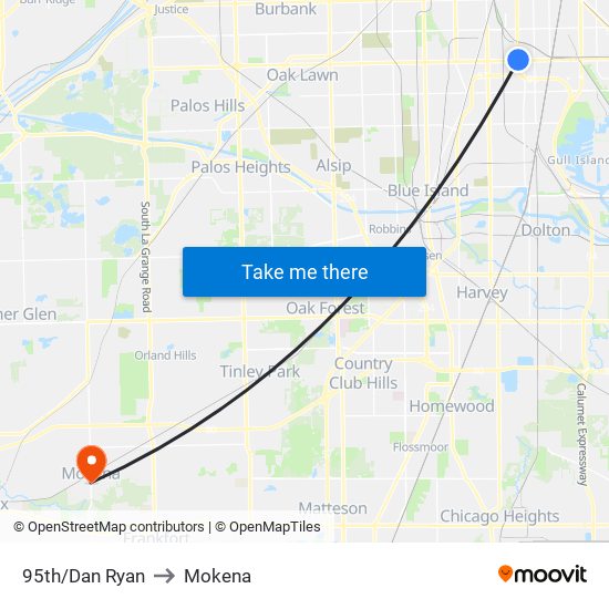 95th/Dan Ryan to Mokena map