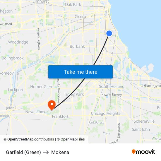 Garfield (Green) to Mokena map