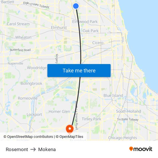 Rosemont to Mokena map