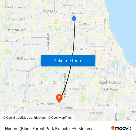 Harlem (Blue - Forest Park Branch) to Mokena map