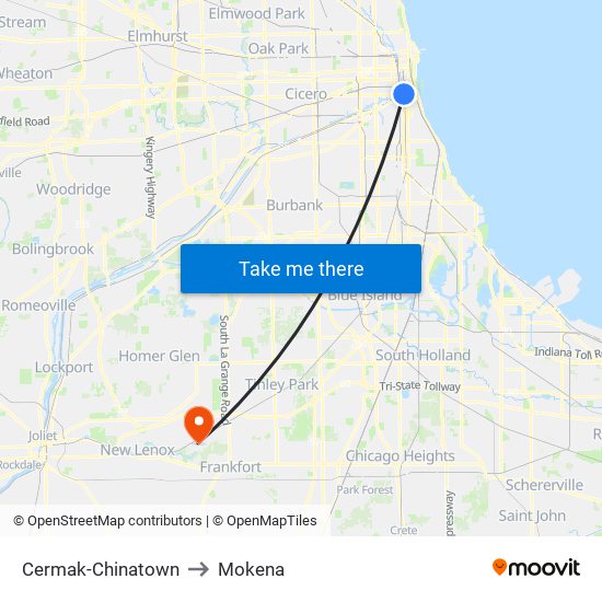 Cermak-Chinatown to Mokena map