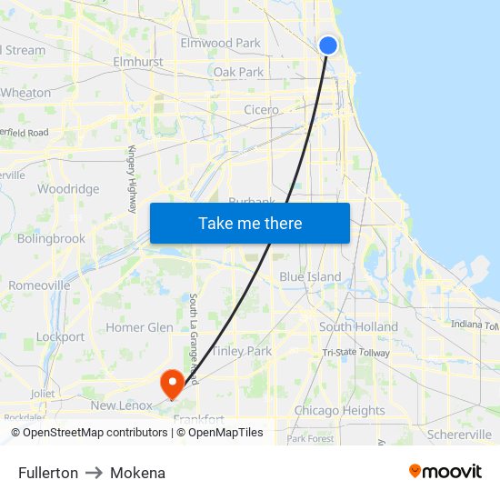 Fullerton to Mokena map