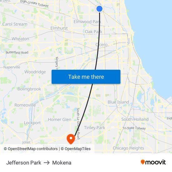 Jefferson Park to Mokena map