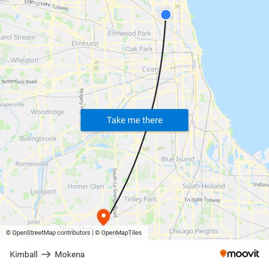 Kimball to Mokena map