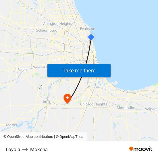 Loyola to Mokena map