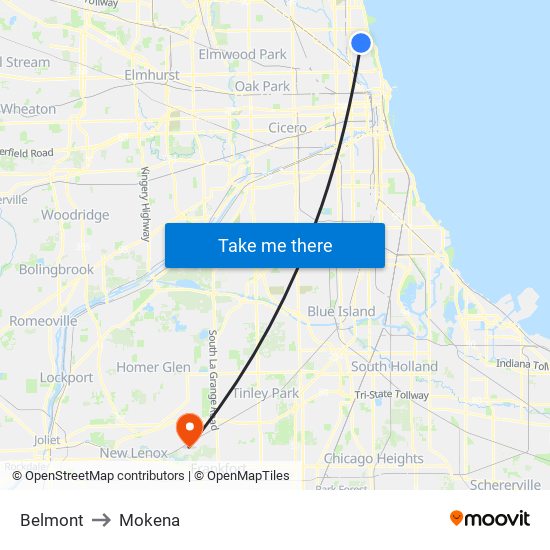 Belmont to Mokena map