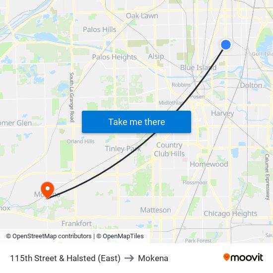 115th Street & Halsted (East) to Mokena map